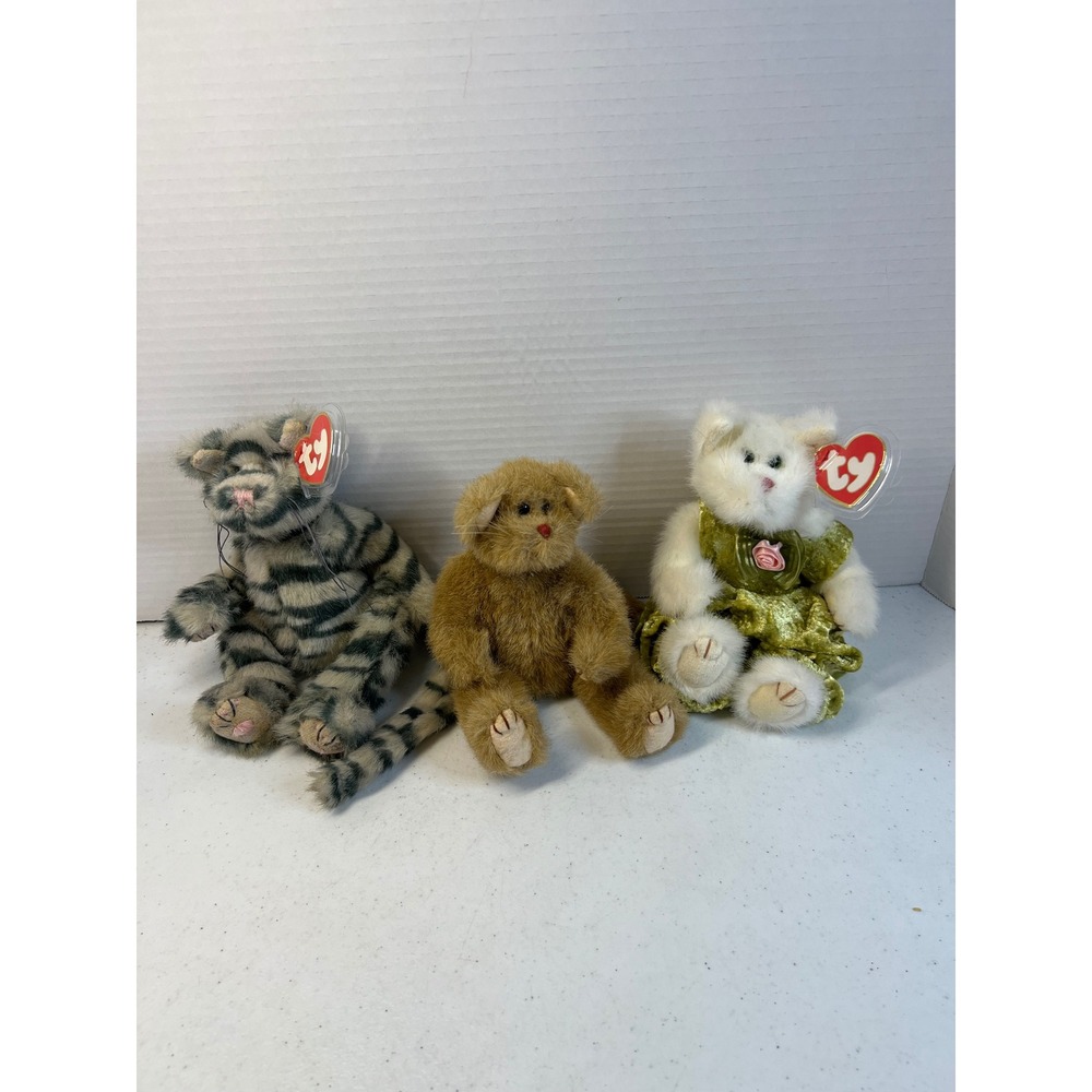 Vintage Ty Attic Treasures Plush Lot 3 Grey Tabby Cat Tan cat White Cat Dress